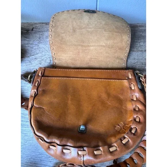 Patricia Nash Tooled Leather Saddle Bag Crossbody Whipstitch Braided Strap Brown - Picture 3 of 8